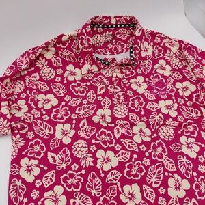Tattoo Golf Polo Shirt Mens L Red Aloha Hawaiian Performance Floral‎ Top Skull
